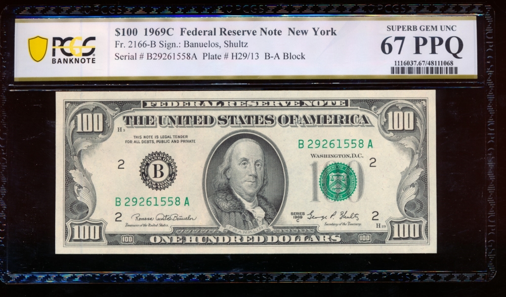Fr. 2166-B 1969C $100  Federal Reserve Note New York PCGS 67PPQ B27261558A