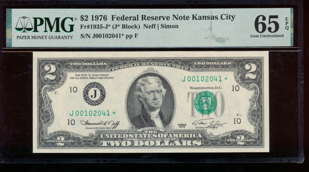 Fr. 1935-J 1976 $2  Federal Reserve Note Kansas City star PMG 65EPQ J00102041*