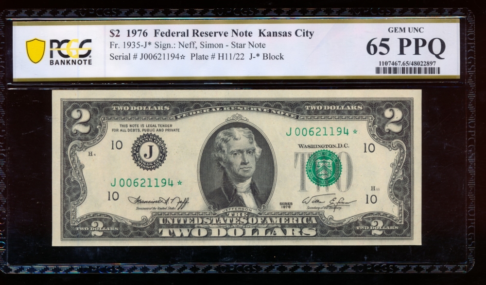 Fr. 1935-J 1976 $2  Federal Reserve Note Kansas City star PCGS 65PPQ J00621194*