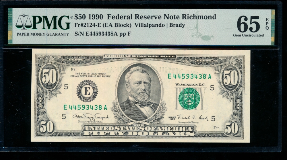 Fr. 2124-E 1990 $50  Federal Reserve Note Richmond PMG 65EPQ E44593438A