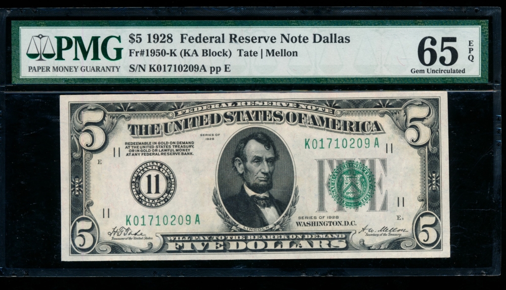 Fr. 1950-K 1928 $5  Federal Reserve Note Dallas PMG 65EPQ K01710209A