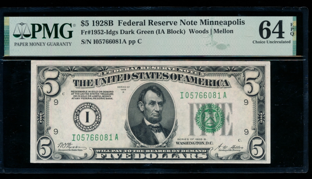Fr. 1952-I 1928B $5  Federal Reserve Note Minneapolis PMG 64EPQ I05766081A