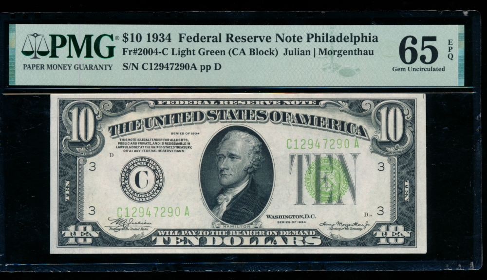 Fr. 2004-C 1934 $10  Federal Reserve Note Philadelphia LGS PMG 65EPQ C12947290A