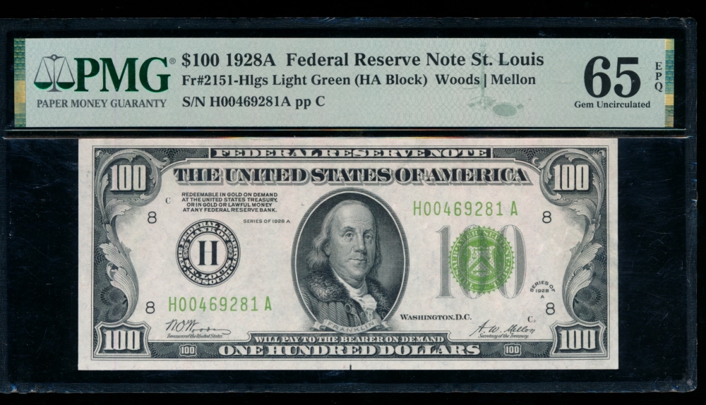 Fr. 2151-H 1928A $100  Federal Reserve Note Saint Louis LGS PMG 65EPQ H00469281A