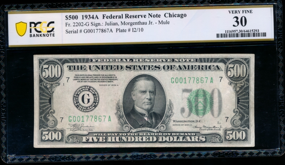 Fr. 2202-G 1934A $500  Federal Reserve Note Chicago PCGS 30 G00177867A