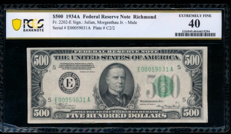 Fr. 2202-E 1934A $500  Federal Reserve Note Richmond PCGS 40 E00259031A