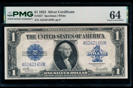 Fr. 237 1923 $1  Silver Certificate  PMG 64 comment A52421458E