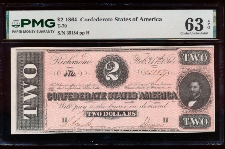Fr. T-70 1864 $2  Confederate  PMG 63EPQ 35174