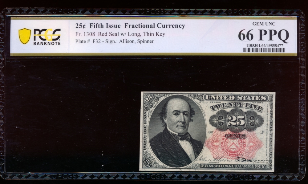 Fr. 1308 1875 $0.25  Fractional Fifth Issue: Long, Thin Key PCGS 66PPQ no serial number