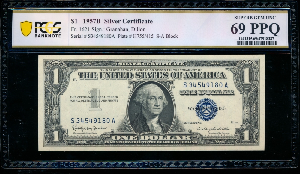 Fr. 1621 1957B $1  Silver Certificate SA block PCGS 69PPQ S34549180A