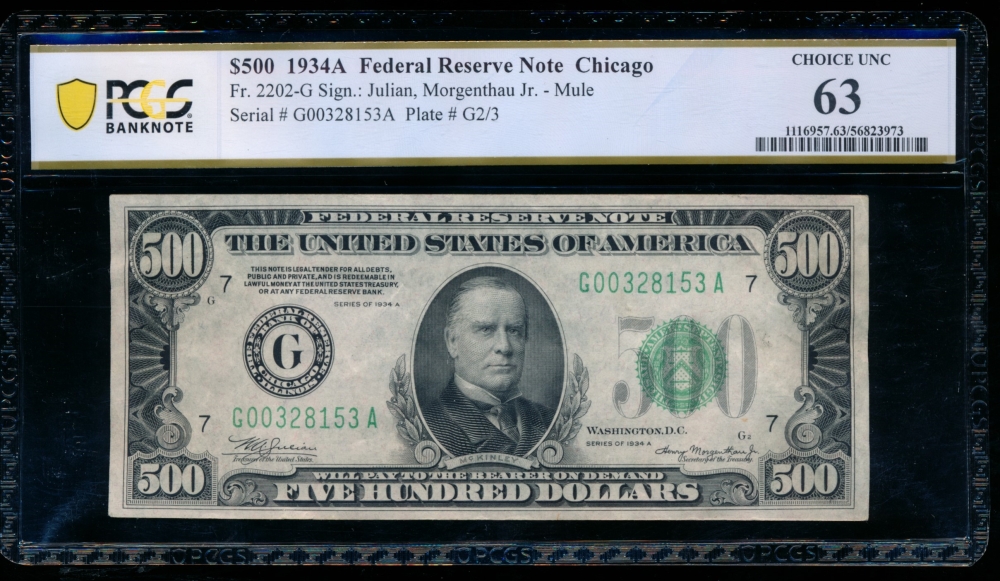 Fr. 2202-G 1934A $500  Federal Reserve Note Chicago PCGS 63 comment G00328153A