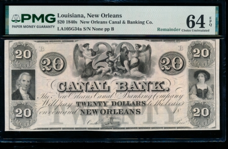 Fr. LA 105 G34 1850s $20  Obsolete New Orleans Canal & Banking Co. PMG 64EPQ no serial number