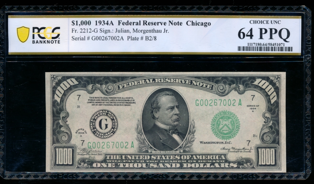 Fr. 2212-G 1934A $1,000  Federal Reserve Note Chicago PCGS 64PPQ G00267002A