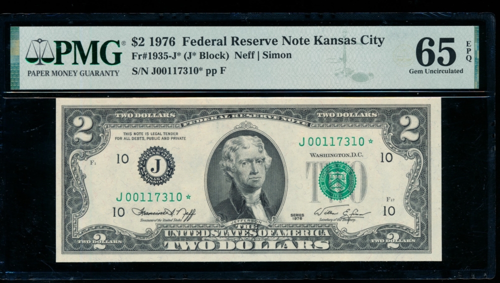 Fr. 1935-J 1976 $2  Federal Reserve Note Kansas City star PMG 65EPQ J00117310*