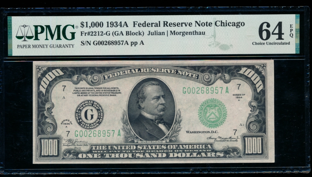 Fr. 2212-G 1934A $1,000  Federal Reserve Note Chicago PMG 64EPQ G00268957A