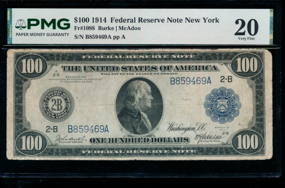 Fr. 1088 1914 $100  Federal Reserve Note New York PMG 20 comment B859469A