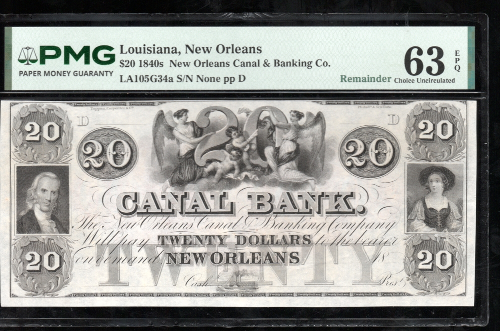 Fr. LA 105 G34 1850s $20  Obsolete New Orleans Canal & Banking Co. PMG 63EPQ no serial number