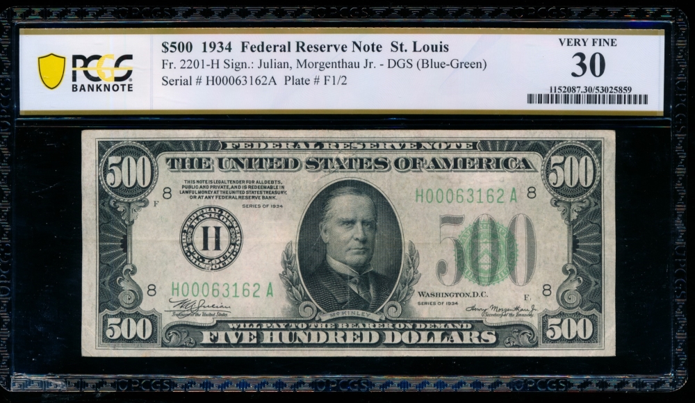 Fr. 2201-H 1934 $500  Federal Reserve Note Saint Louis PCGS 30 comment H00063162A