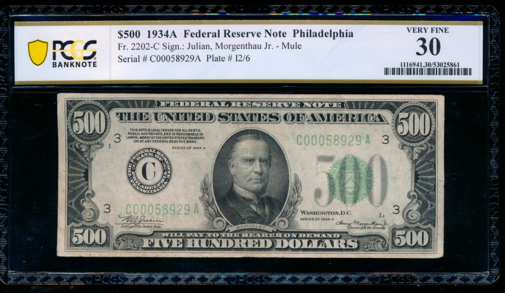 Fr. 2202-C 1934A $500  Federal Reserve Note Philadelphia PCGS 30 C00058929A