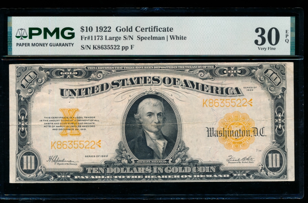 Fr. 1173 1922 $10  Gold Certificate  PMG 30EPQ K8635522A