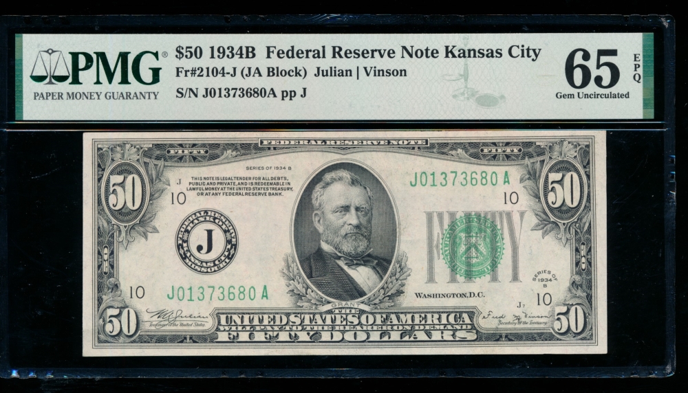 Fr. 2104-J 1934B $50  Federal Reserve Note Kansas City PMG 65EPQ J01373680A