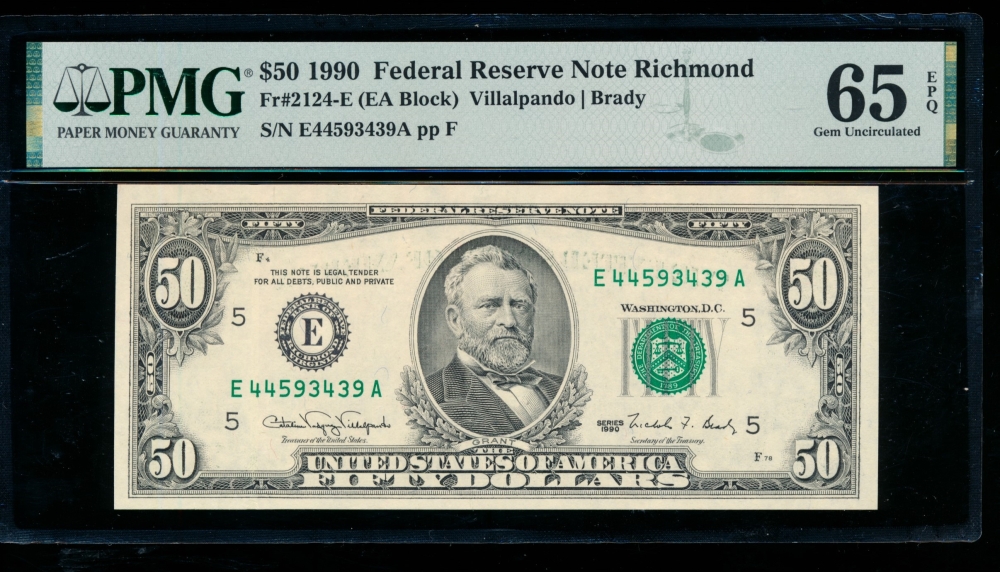 Fr. 2124-E 1990 $50  Federal Reserve Note Richmond PMG 65EPQ E44593439A