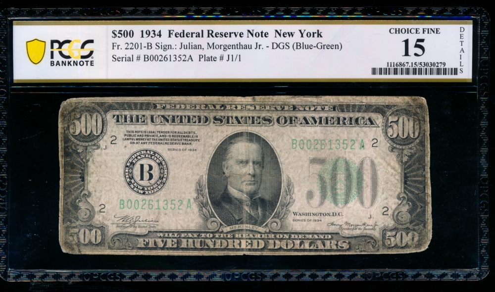Fr. 2201-B 1934 $500  Federal Reserve Note New York PCGS 15 details B00261352A
