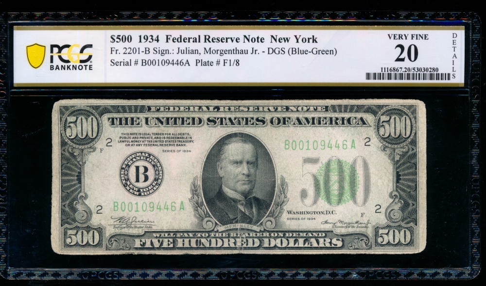 Fr. 2201-B 1934 $500  Federal Reserve Note New York PCGS 20 details B00109446A