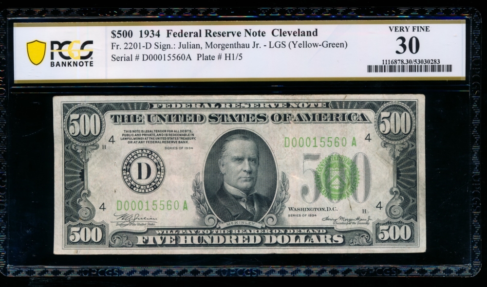 Fr. 2201-D 1934 $500  Federal Reserve Note Cleveland LGS PCGS 30 D00015560A