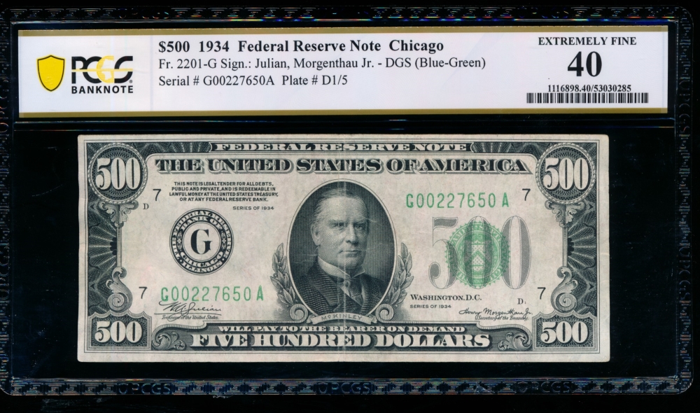 Fr. 2201-G 1934 $500  Federal Reserve Note Chicago PCGS 40 G00227650A