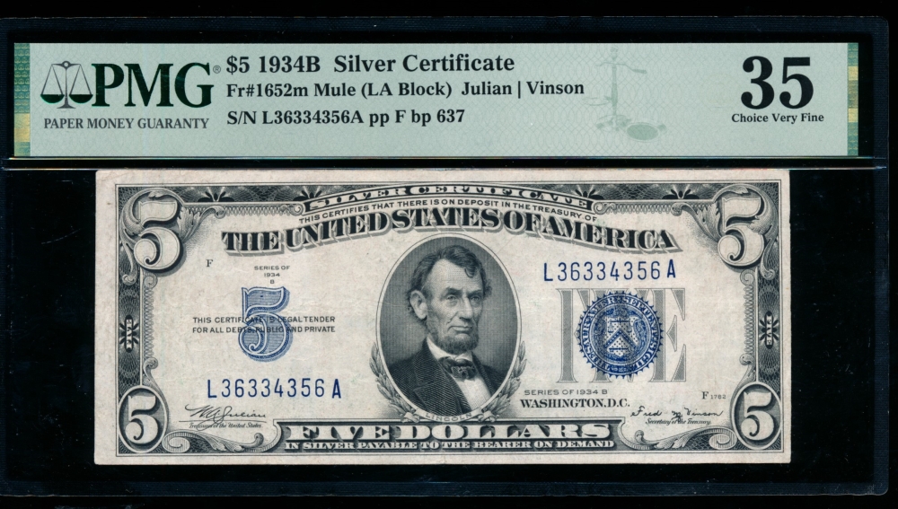 Fr. 1652 1934B $5  Silver Certificate LA block, mule PMG 35 L36334356A