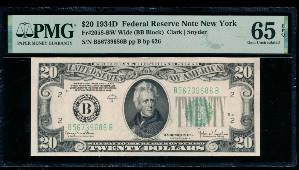 Fr. 2058-B 1934D $20  Federal Reserve Note Wide, BB block PMG 65EPQ B56739686B