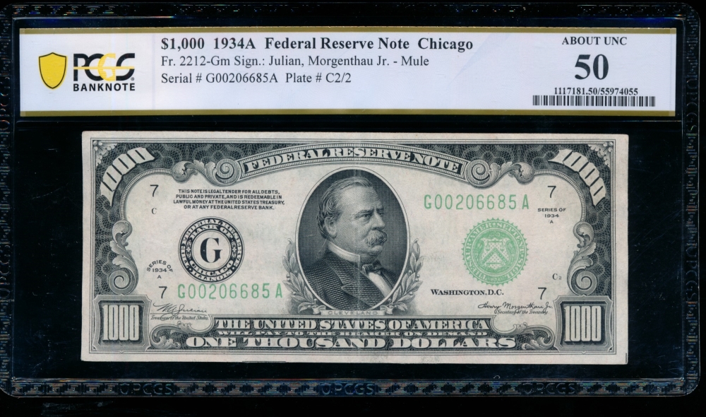 Fr. 2212-G 1934A $1,000  Federal Reserve Note Chicago PCGS 50 G00206685A