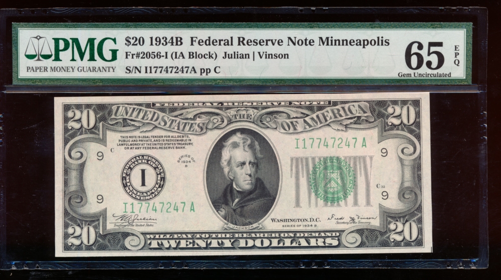 Fr. 2056-I 1934B $20  Federal Reserve Note Minneapolis PMG 65EPQ I17747247A