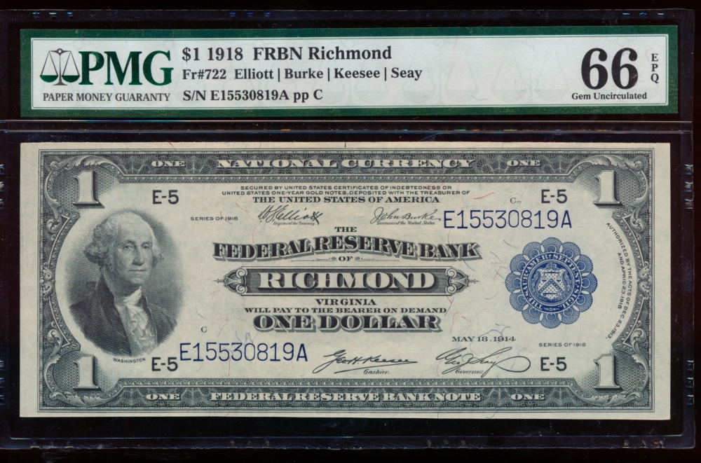 Fr. 722 1918 $1  FRBN Richmond PMG 66EPQ E15530819A