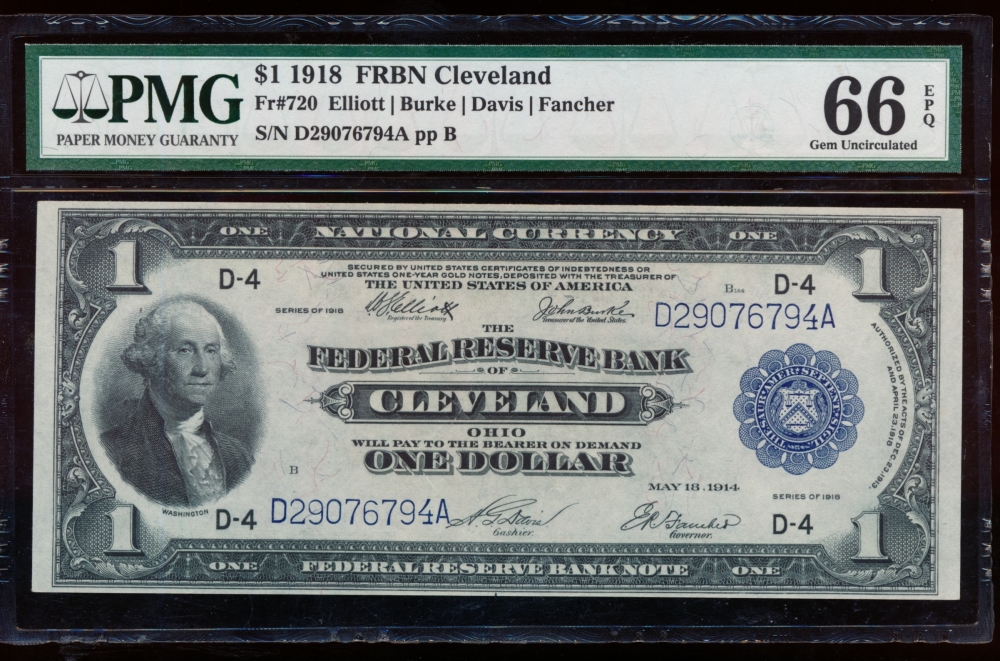 Fr. 720 1918 $1  FRBN Cleveland PMG 66EPQ D29076794A
