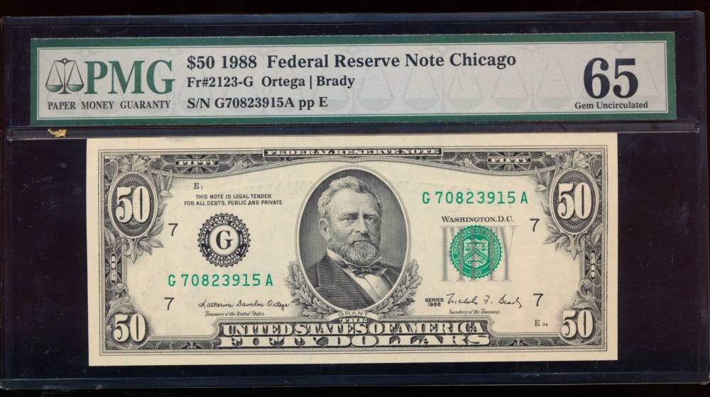 Fr. 2123-G 1988 $50  Federal Reserve Note Chicago PMG 65EPQ G70823915A