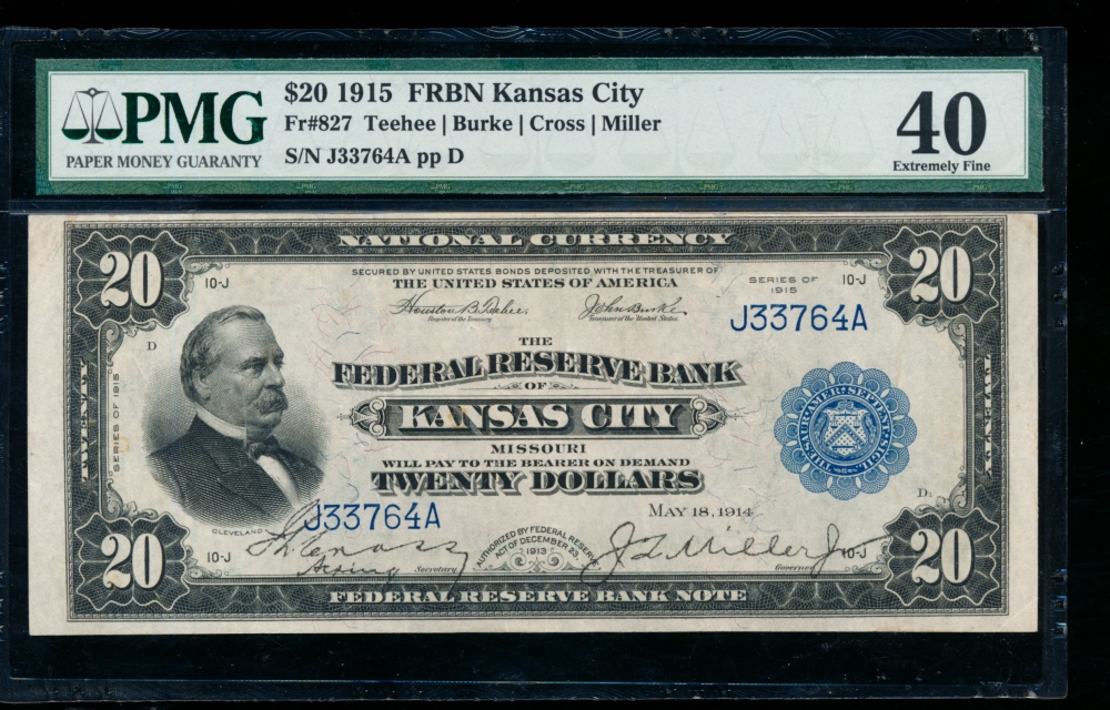 Fr. 827 1915 $20  FRBN Kansas City PMG 40 J33764A