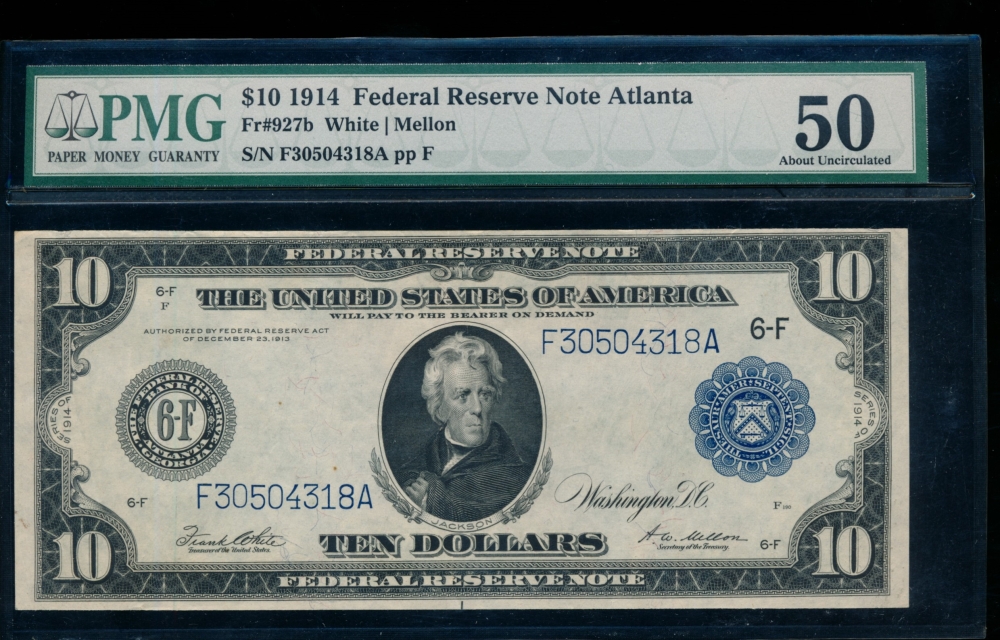 Fr. 927b 1914 $10  Federal Reserve Note Atlanta PMG 50 F30504318A