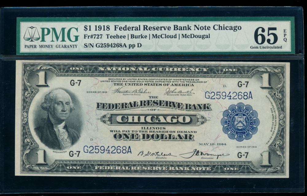Fr. 727 1918 $1  FRBN Chicago PMG 65EPQ G2594268A