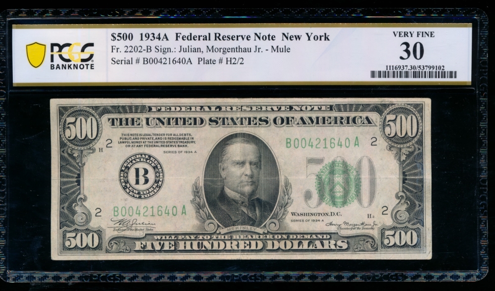 Fr. 2202-B 1934A $500  Federal Reserve Note New York PCGS 30 B00421640A