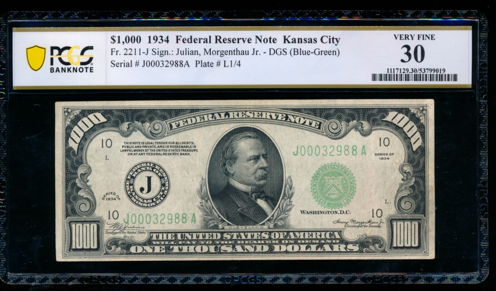 Fr. 2211-J 1934 $1,000  Federal Reserve Note Kansas City PCGS 30 J00032988A