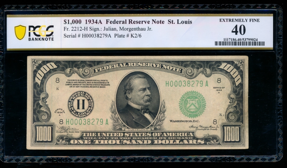 Fr. 2212-H 1934A $1,000  Federal Reserve Note Saint Louis PCGS 40 comment H00038279A