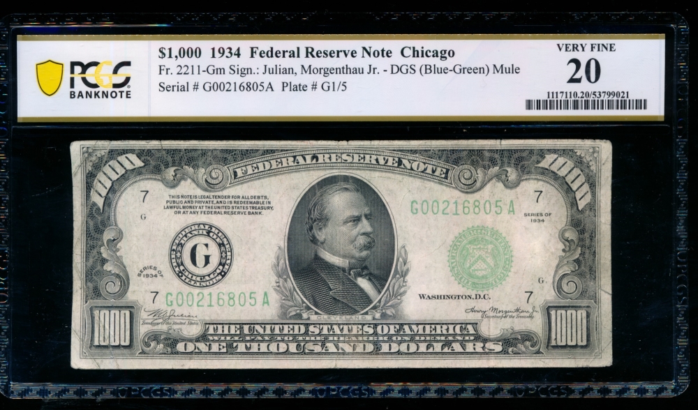 Fr. 2211-G 1934 $1,000  Federal Reserve Note Chicago PCGS 20 comment G00216805A