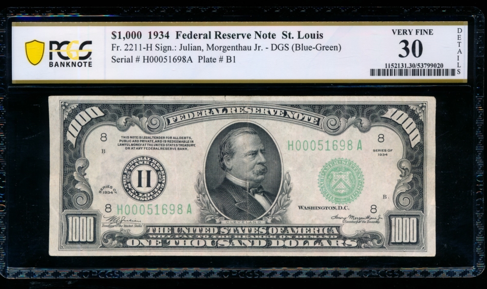 Fr. 2211-H 1934 $1,000  Federal Reserve Note Saint Louis PCGS 30 details H00051698A