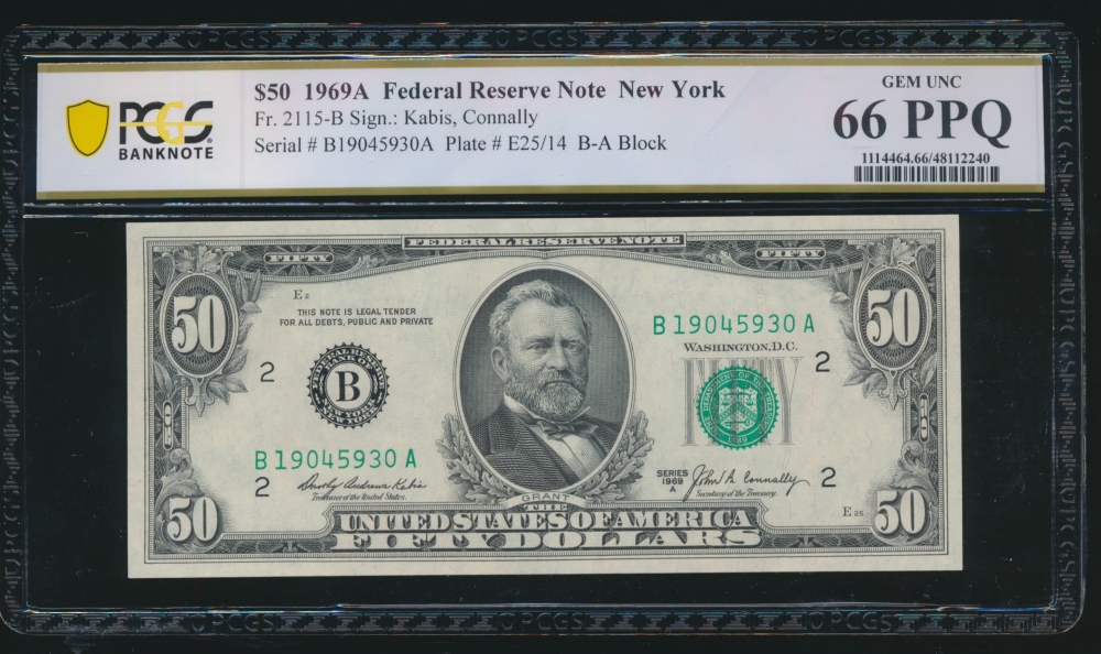 Fr. 2115-B 1969A $50  Federal Reserve Note New York PCGS 66PPQ B19045930A