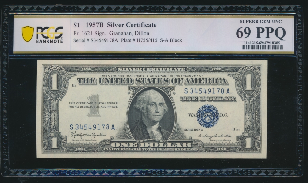 Fr. 1621 1957B $1  Silver Certificate SA block PCGS 69PPQ S34549178A