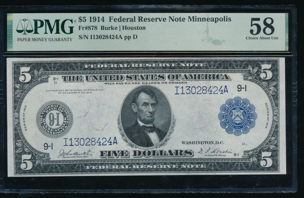 Fr. 878 1914 $5  Federal Reserve Note Minneapolis PMG 58 I13028424A