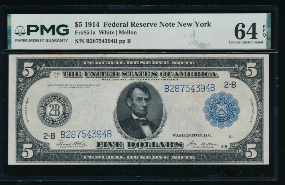 Fr. 851a 1914 $5  Federal Reserve Note New York PMG 64EPQ B28754394B