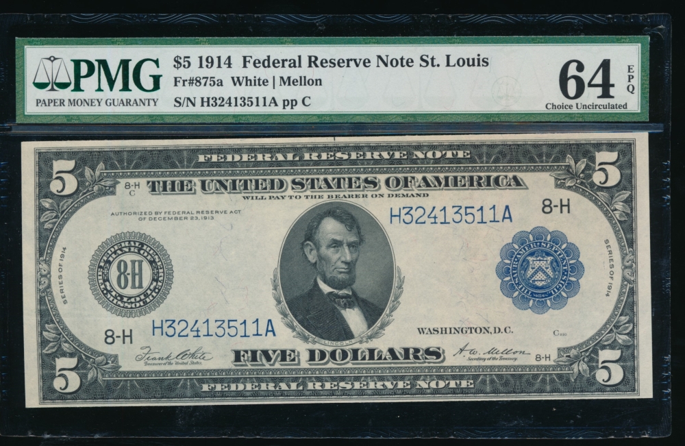 Fr. 875a 1914 $5  Federal Reserve Note Saint Louis PMG 64EPQ H32413511A